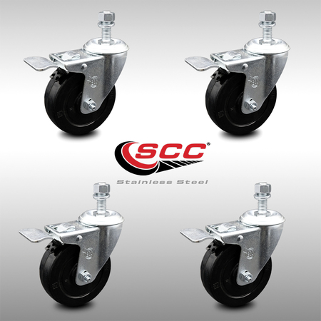 Service Caster 4 Inch SS Soft Rubber Swivel ½ Inch Threaded Stem Caster Set Total Lock Brake SCC-SSTSTTL20S414-SRS-121315-4